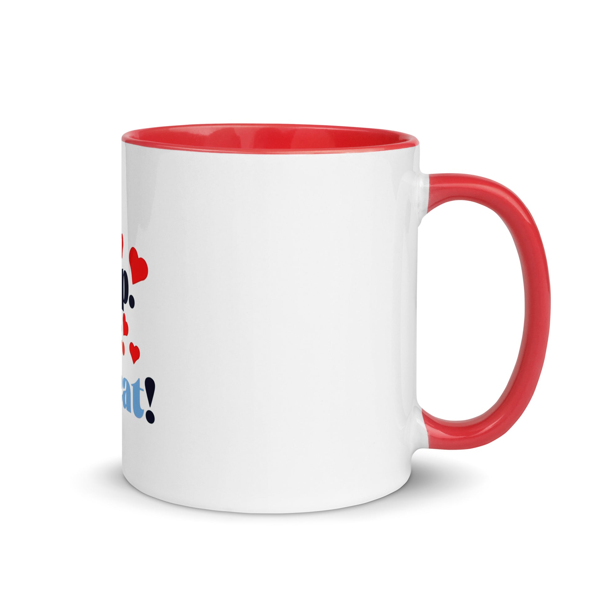 A ceramic mug with white body and red color inside, featuring the text 'Eat Sleep Love Repeat' with heart shapes and blue background.