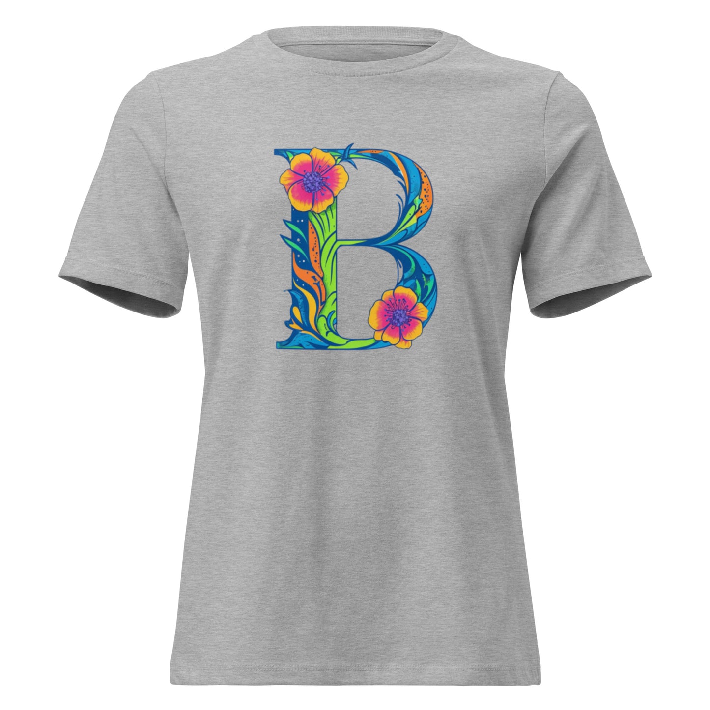 Gray t-shirt with a colorful 'B' design on a white background