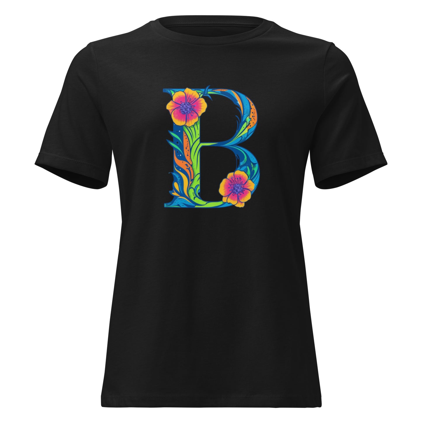 Black t-shirt with a colorful 'B' design on a white background