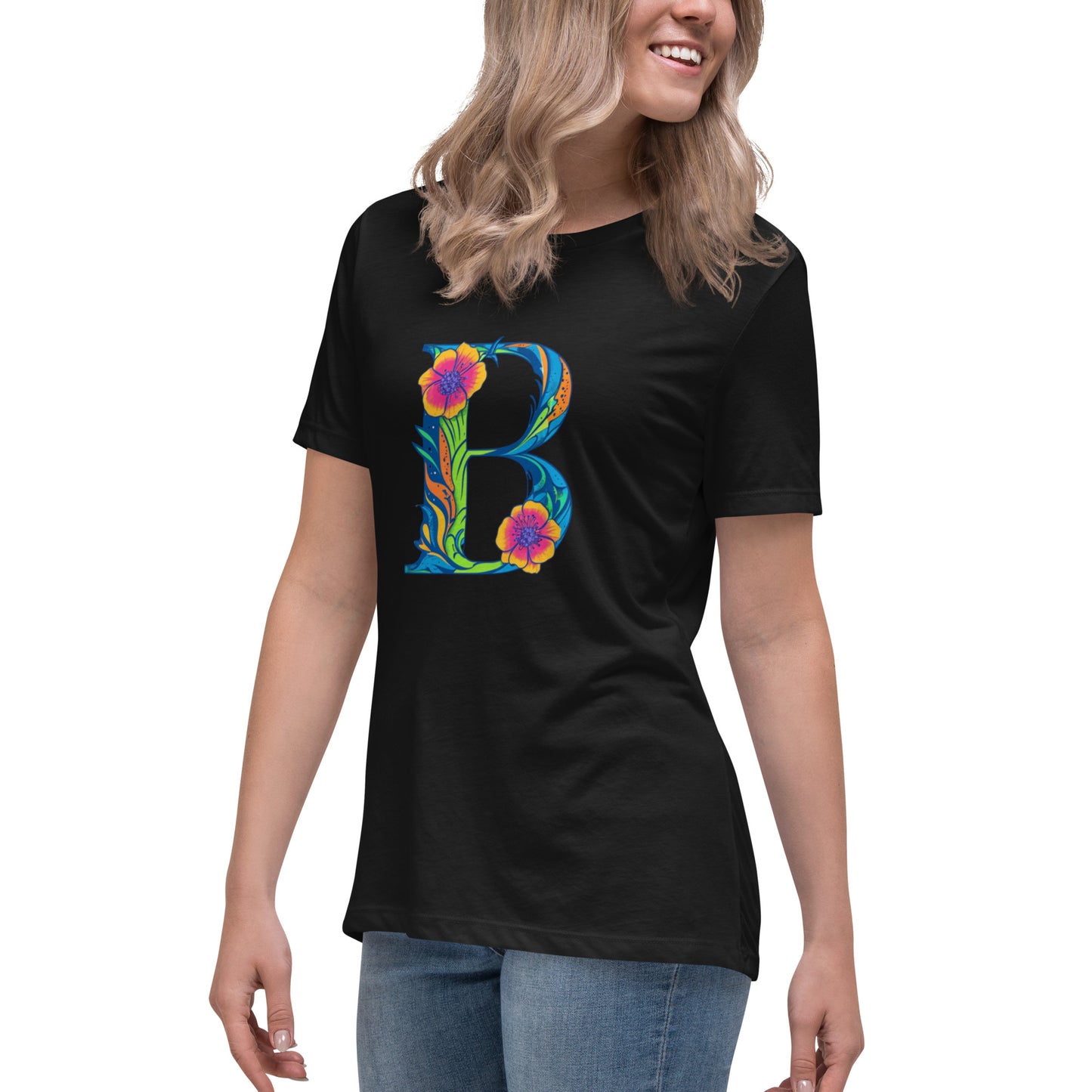 Person wearing a black t-shirt with a colorful 'B' design on a white background