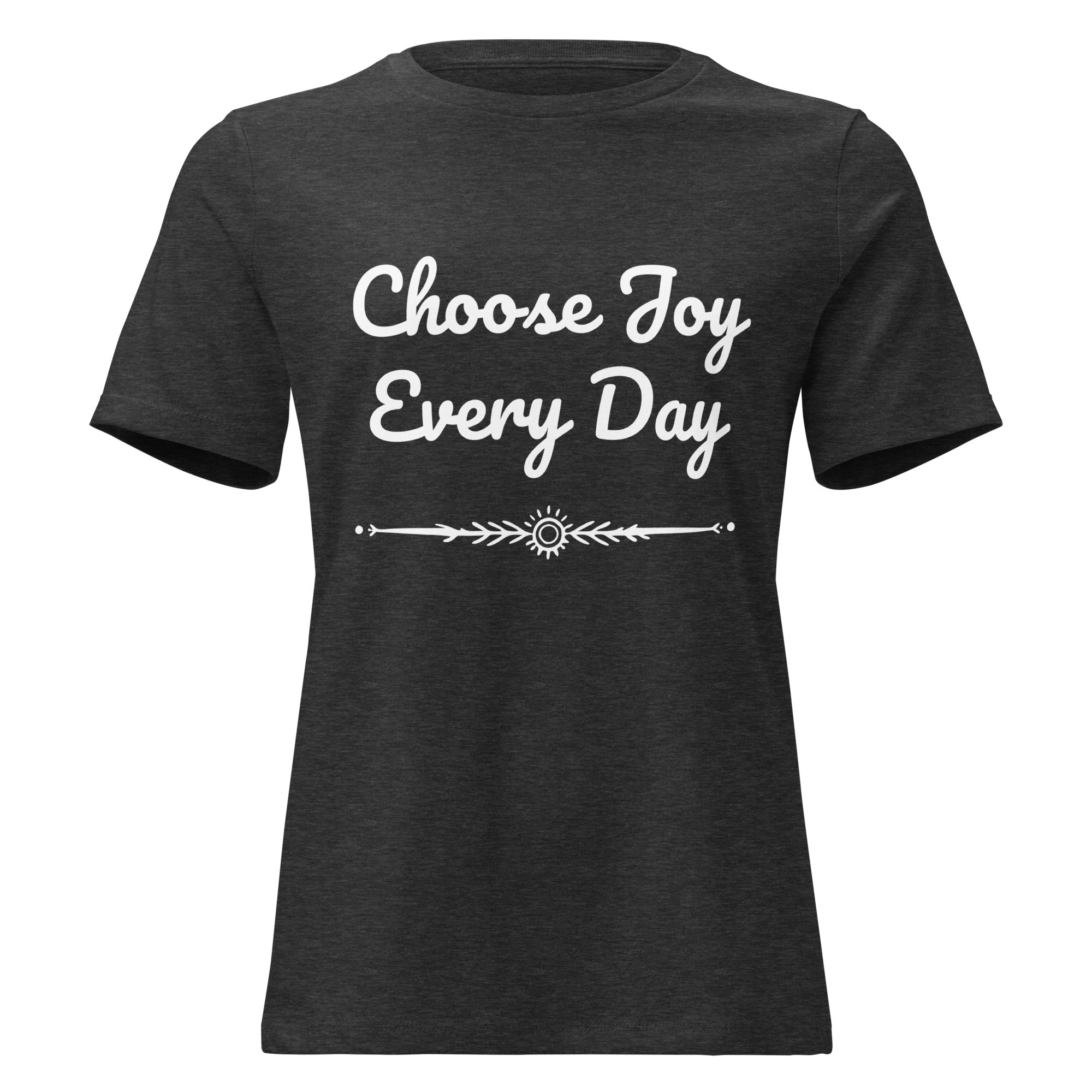 Black t-shirt with 'Choose Joy Every Day' text on a white background