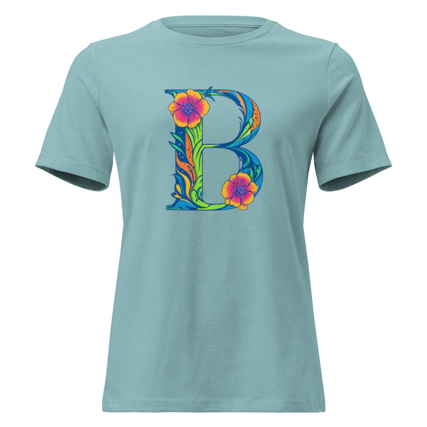 Light blue t-shirt with a colorful 'B' design on a white background
