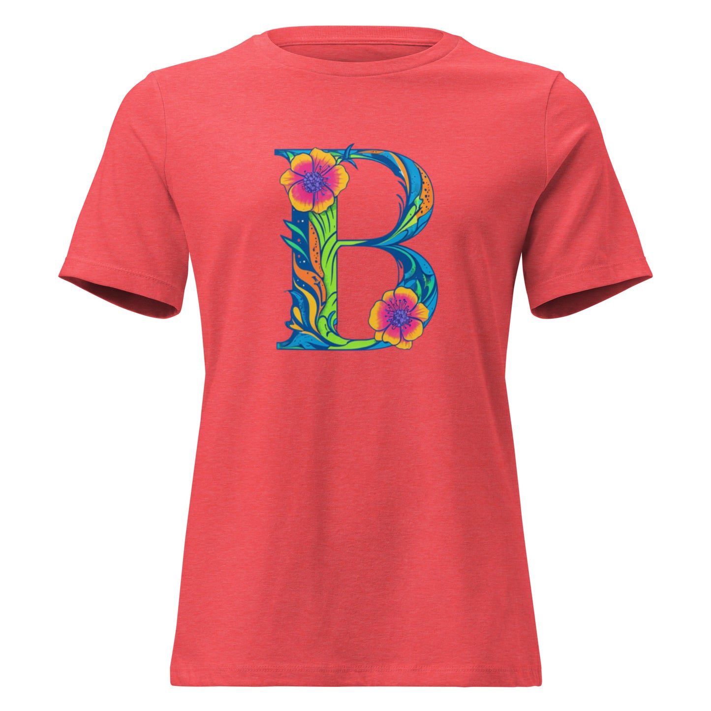 Red t-shirt with a colorful 'B' design on a white background