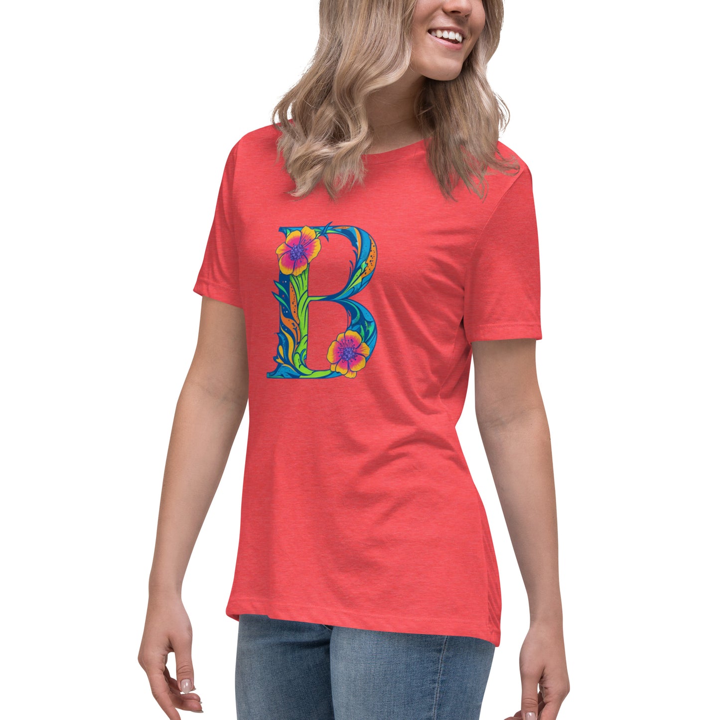Person wearing a red t-shirt with a colorful letter 'B' design on a white background