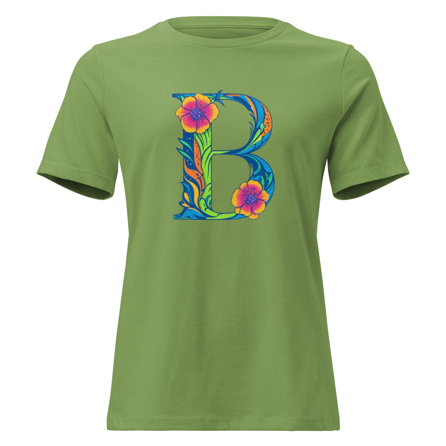 Green t-shirt with a colorful 'B' design on a white background
