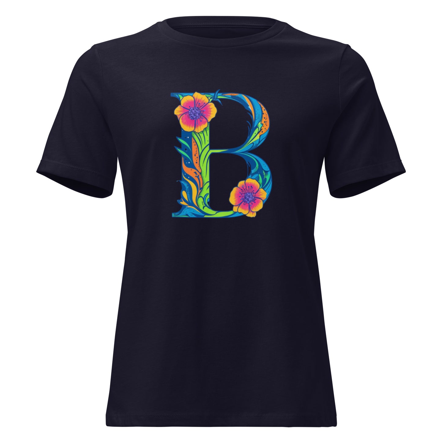 Black t-shirt with a colorful 'B' design on a white background
