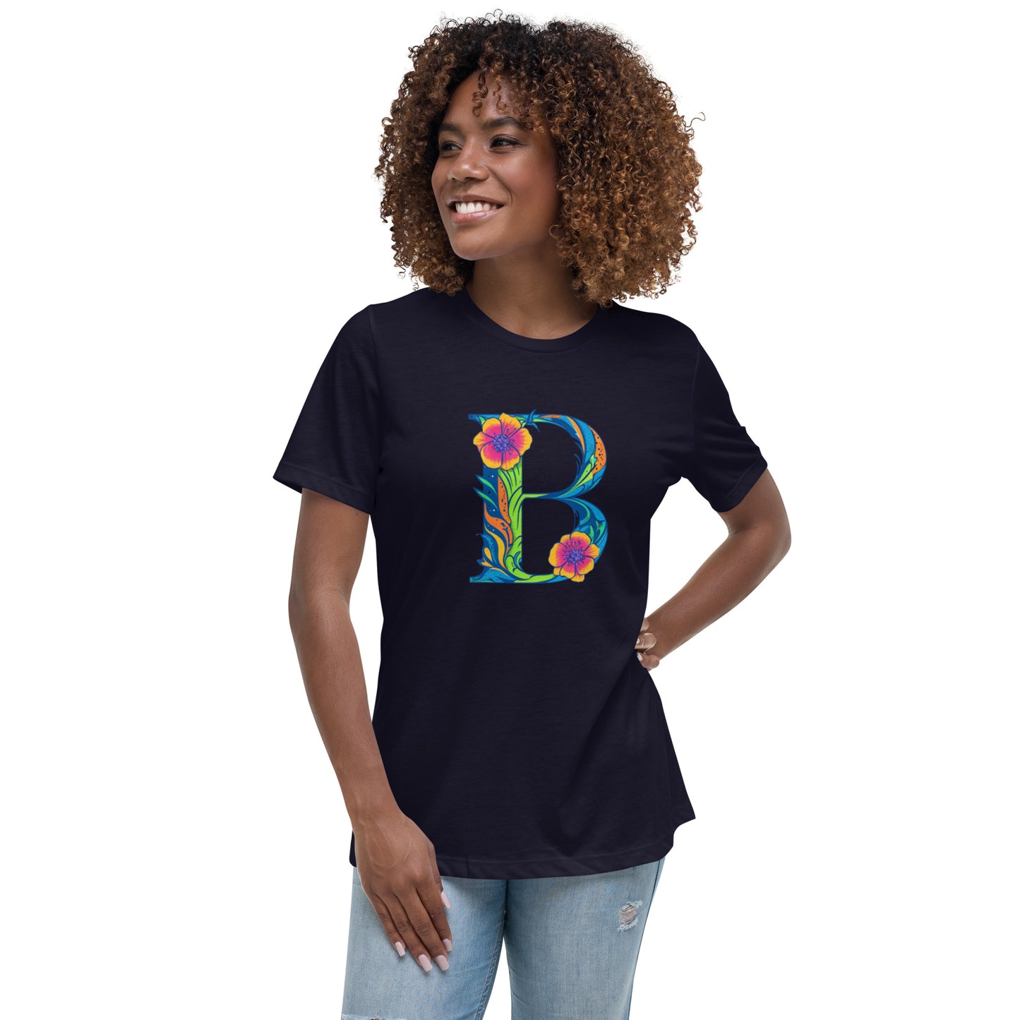 Woman wearing a black t-shirt with a colorful 'B' design on a white background