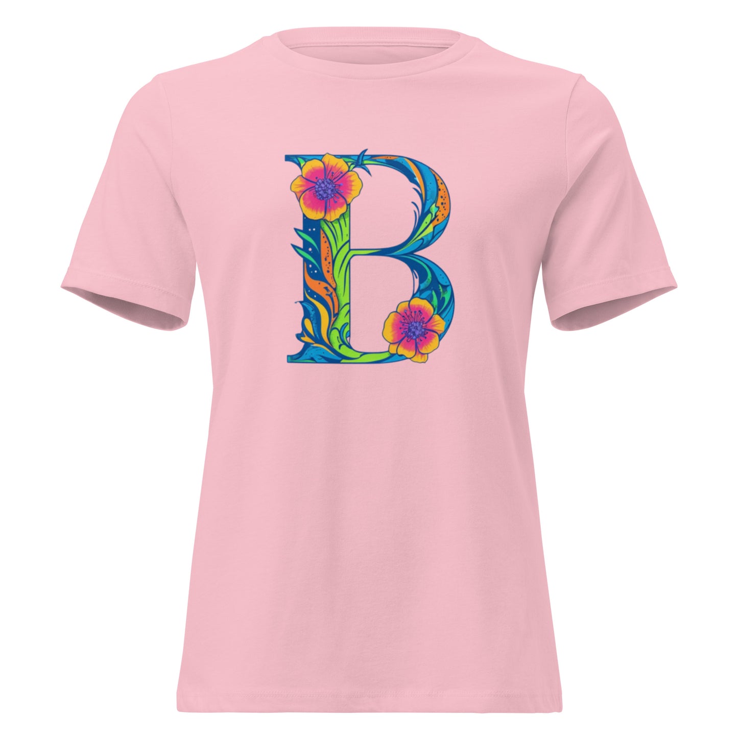 Pink t-shirt with a colorful letter 'B' design on a white background
