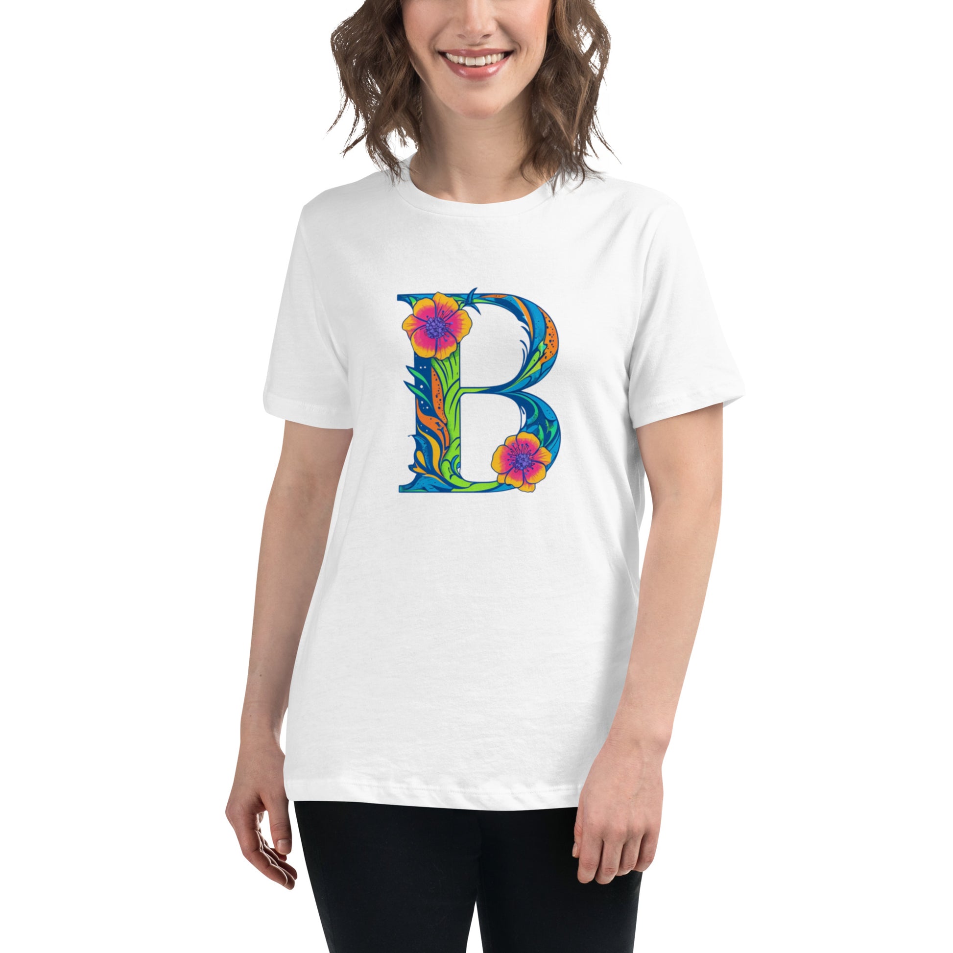Person wearing a white t-shirt with a colorful letter 'B' design on a white background
