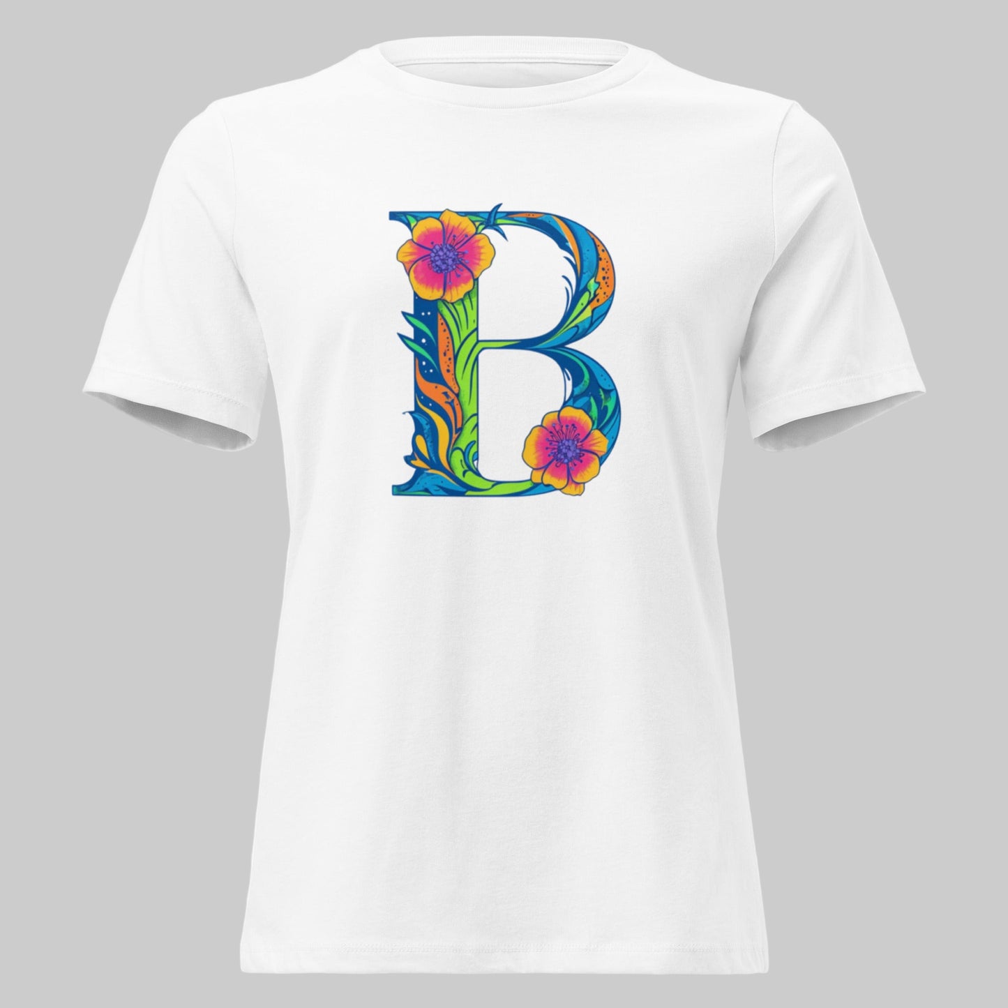 White t-shirt with a colorful 'B' design on a white background